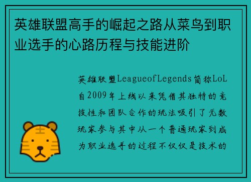 英雄联盟高手的崛起之路从菜鸟到职业选手的心路历程与技能进阶