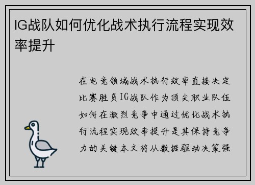 IG战队如何优化战术执行流程实现效率提升